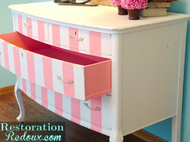 Pink and White Striped Antique Dresser 