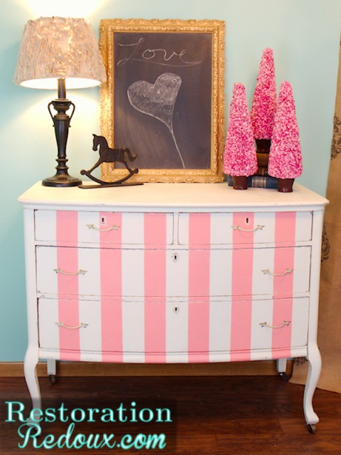 Pink and White Striped Dresser 