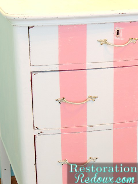 Antique Pink and white striped Dresser 