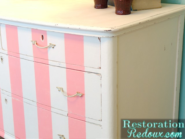 Pink and white Striped Antique Dresser 