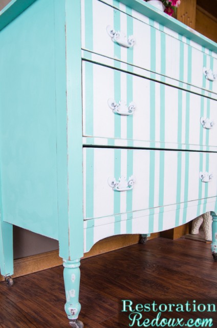 Aqua Chalkpainted Striped Dresser